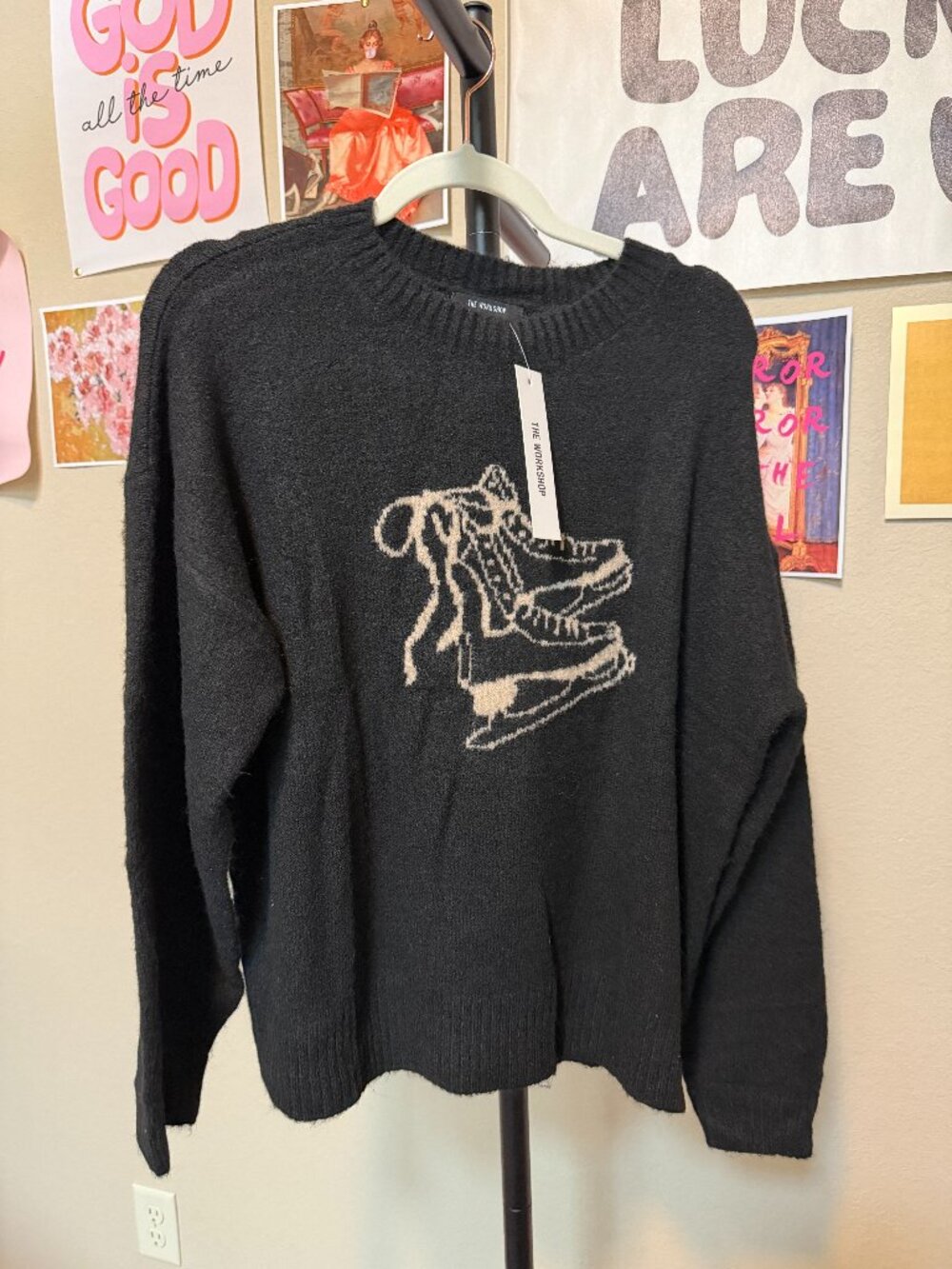 The Workshop by Blu Pepper Vintage Ice Skates Knit Sweater Charcoal Black L NWT